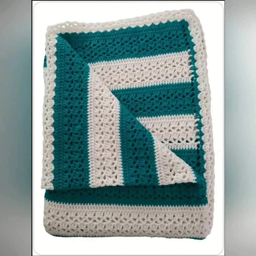 Handmade Crochet Afghan 54" X 74" Cottage Green Off White Farmhouse New